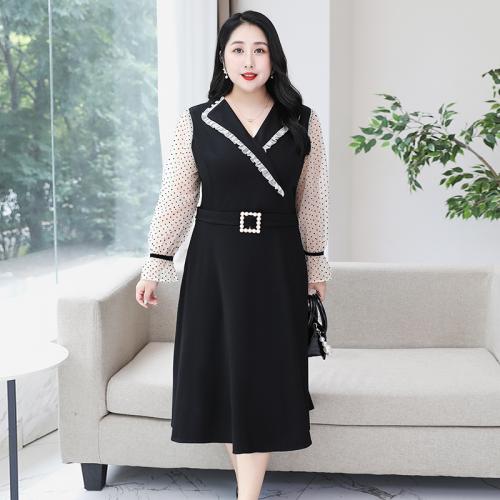 Tencel & Lace Plus Size One-piece Dress mid-long style & slimming patchwork black PC