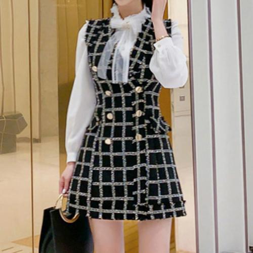 Polyester Slim Two-Piece Dress Set with lining printed plaid black Set
