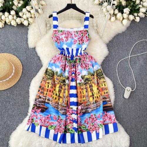 Polyester Waist-controlled & Soft One-piece Dress & off shoulder printed blue PC