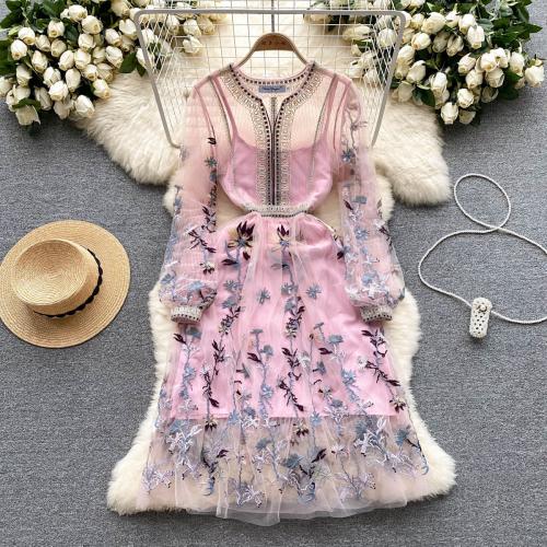 Polyester One-piece Dress see through look & slimming & double layer printed floral pink PC