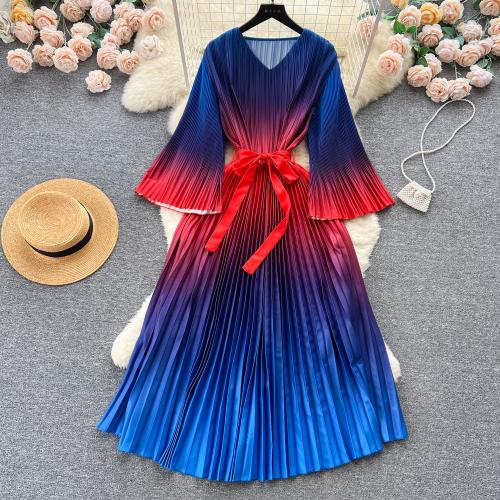 Polyester Waist-controlled & Pleated One-piece Dress breathable blue : PC