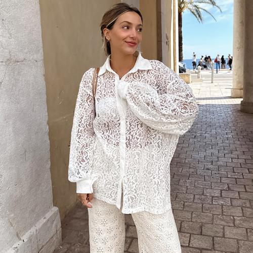 Polyamide & Cotton Women Long Sleeve Shirt see through look & loose white PC