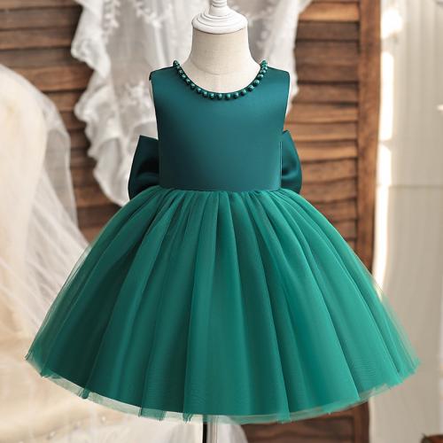 Polyester Slim & Princess & Ball Gown Girl One-piece Dress backless patchwork Solid PC
