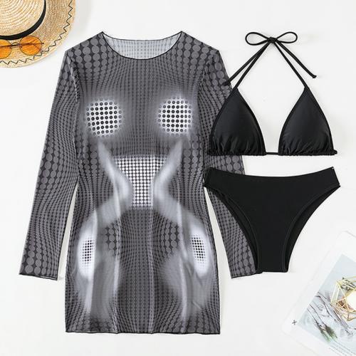 Polyester Bikini see through look & slimming & three piece printed black Set