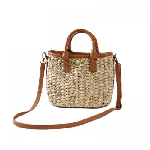 Paper Rope Easy Matching & Weave Woven Tote attached with hanging strap PU Leather khaki PC