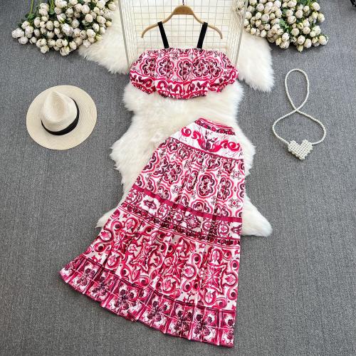 Polyester long style Two-Piece Dress Set & two piece & off shoulder printed red Set