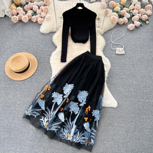 Polyester Slim Two-Piece Dress Set double layer & two piece printed Plant black Set