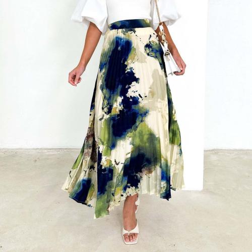 Polyester Pleated Maxi Skirt slimming printed PC