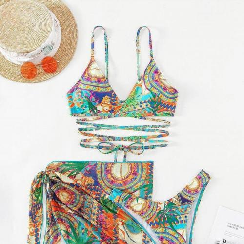 Polyester Bikini slimming & backless & three piece printed mixed colors Set