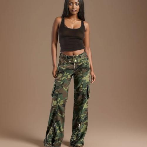 Cotton Women Long Trousers & loose printed camouflage green PC