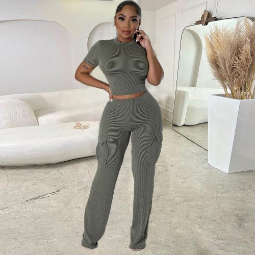 Polyester Women Casual Set midriff-baring & two piece Pants & top printed gray Set