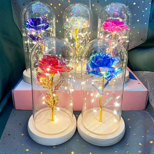 Glass & Wood & Plastic Valentines Gift Preserved Flower Decoration Battery Type & with LED lights PC