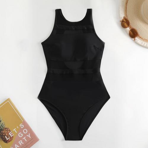 Polyamide & Polyester One-piece Swimsuit slimming & backless patchwork Solid black PC