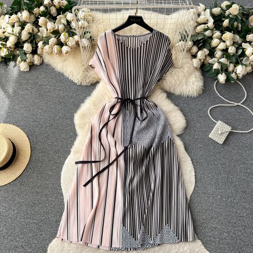 Polyester Waist-controlled & long style One-piece Dress breathable printed striped : PC