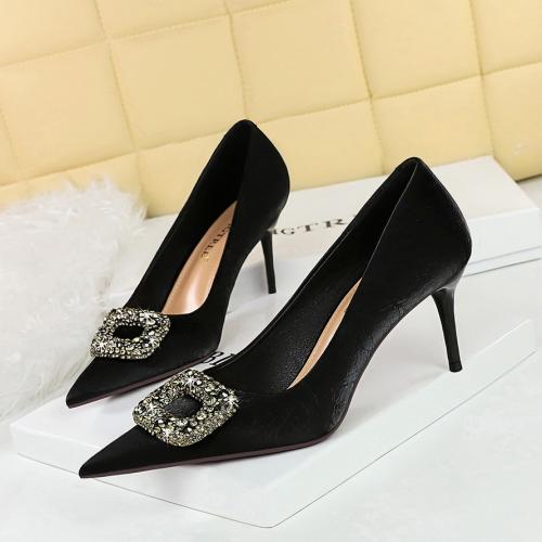 PU Leather Stiletto High-Heeled Shoes & with rhinestone black Pair