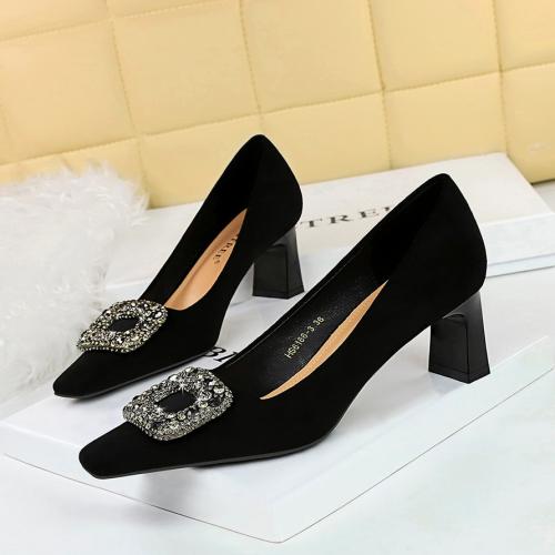 Suede chunky High-Heeled Shoes & with rhinestone black Pair