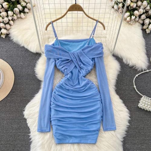 Polyester Waist-controlled Slip Dress & off shoulder & breathable Solid PC