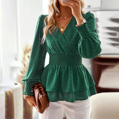 Polyester Frauen Langarm Shirt, Jacquard, Grün,  Stück