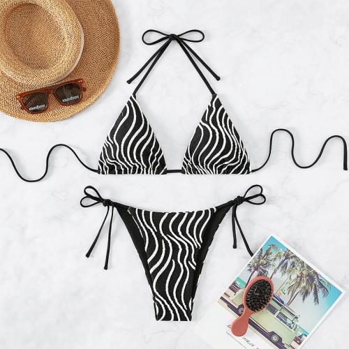 Spandex & Polyester Bikini backless & two piece printed striped white and black Set