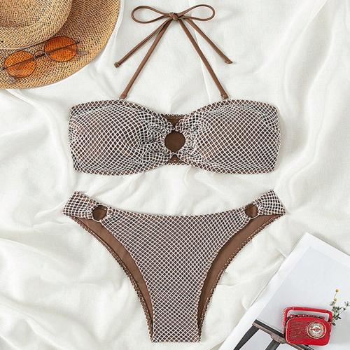 Polyester High Waist Bikini backless & two piece brown Set