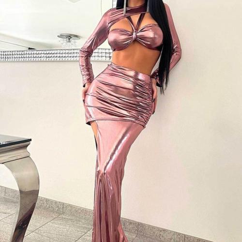 Polyester Slim Two-Piece Dress Set midriff-baring & two piece & hollow Set