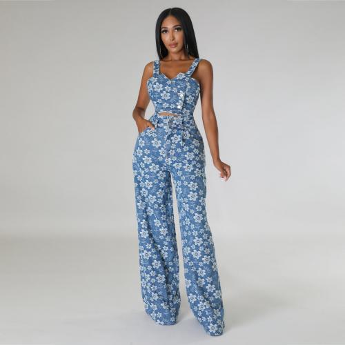 Polyester Women Casual Set midriff-baring & two piece Pants & camis printed floral blue Set