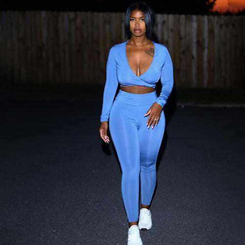 Polyester Women Casual Set midriff-baring & deep V & two piece Pants & top blue Set