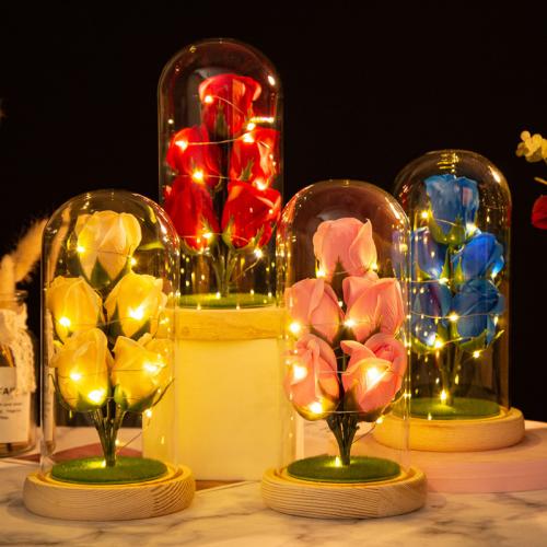Glass & Wood Valentines Gift Preserved Flower Decoration use AAA battery & with LED lights PC