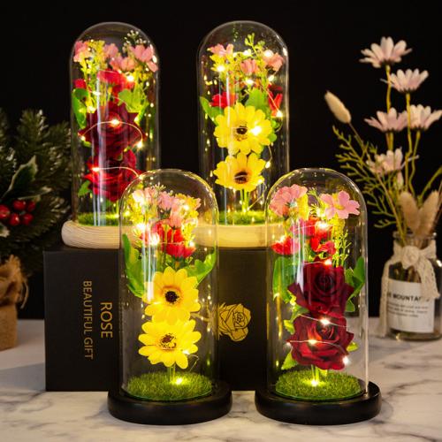 Glass & Plastic Valentines Gift Preserved Flower Decoration use AAA battery & with LED lights PC