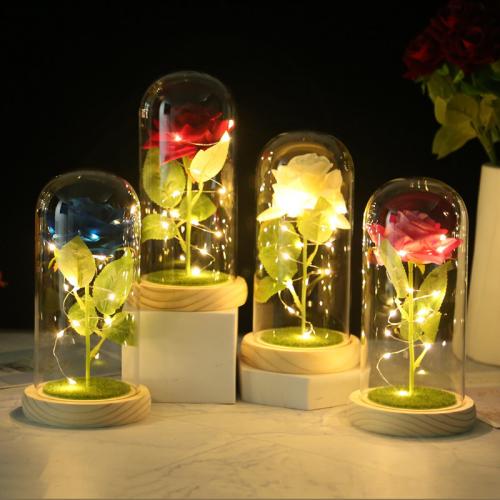 Flannelette & Glass & Wood Valentines Gift Preserved Flower Decoration use AAA battery & with LED lights PC