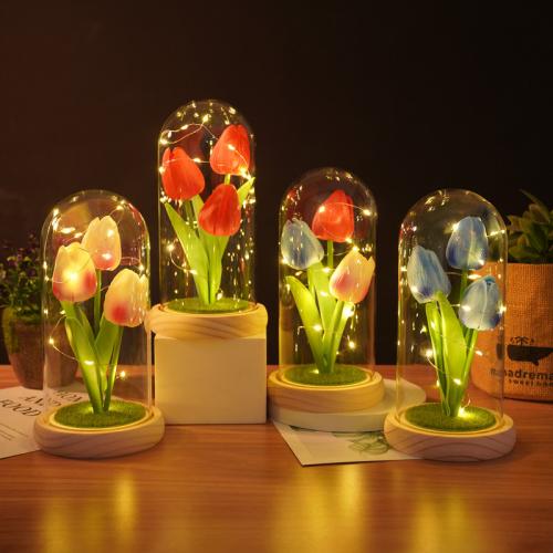 PU Foam & Glass & Wood & Plastic Valentines Gift Preserved Flower Decoration use AAA battery & with LED lights PC