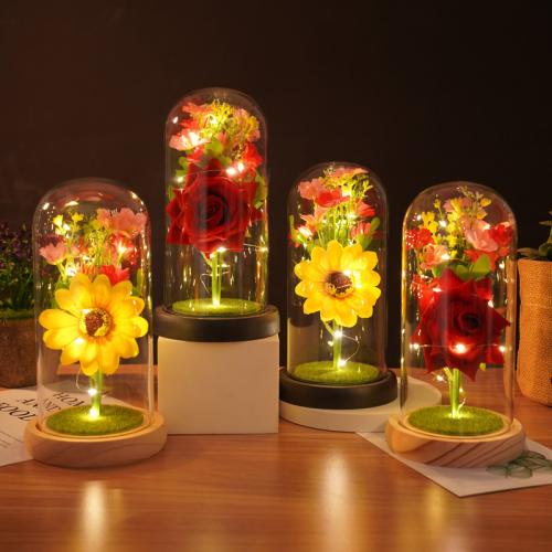 Cloth & Glass & Wood & Plastic Valentines Gift Preserved Flower Decoration use AAA battery & with LED lights PC