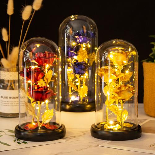Glass & Wood & Plastic Valentines Gift Preserved Flower Decoration use AAA battery & with LED lights PC