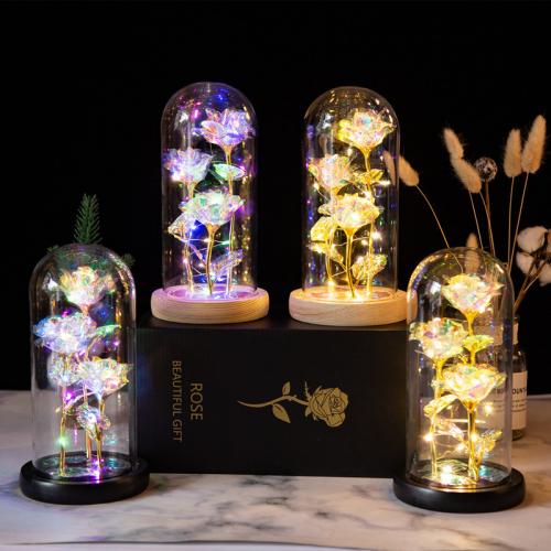 Glass & Wood & Plastic Valentines Gift Preserved Flower Decoration use AAA battery & with LED lights PC