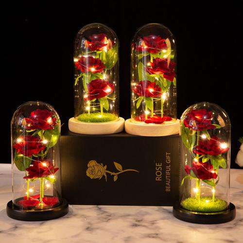Flannelette & Glass & Wood & Plastic Valentines Gift Preserved Flower Decoration use AAA battery & with LED lights PC