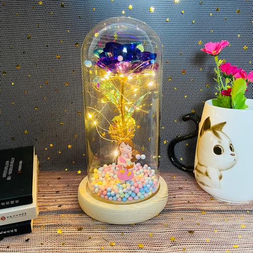 Glass & Wood & Plastic Preserved Flower Decoration use AAA battery & with LED lights PC