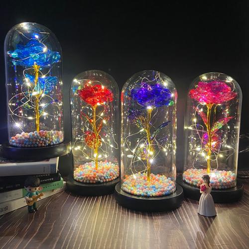 Glass & Foam & Plastic Valentines Gift Preserved Flower Decoration use AAA battery & with LED lights PC
