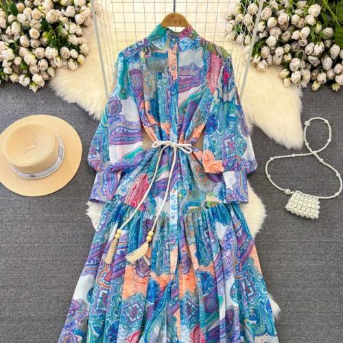 Polyester One-piece Dress mid-long style & slimming printed blue PC
