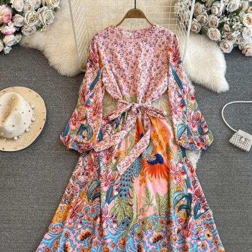 Polyester One-piece Dress mid-long style & slimming printed mixed colors PC
