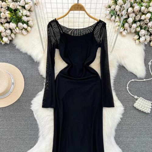 Polyester Tweedelige jurk set Lappendeken Solide Zwarte Instellen