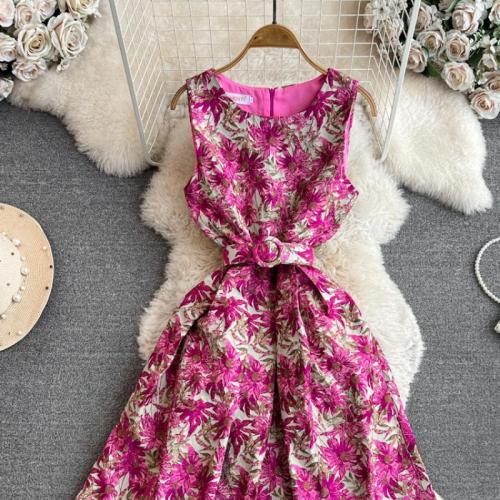 Polyester Waist-controlled & Slim One-piece Dress printed floral purple PC