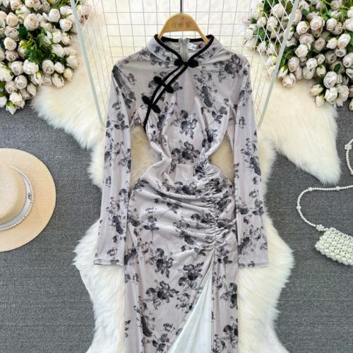 Polyester Slim One-piece Dress side slit printed floral grey and black PC