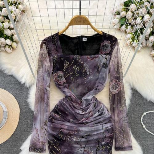 Polyester Slim Sexy Package Hip Dresses floral purple PC