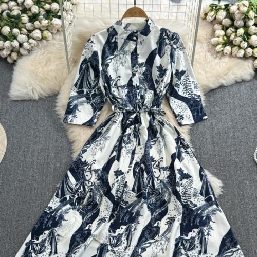 Polyester Einteiliges Kleid, Gedruckt, Pflanze, weiß und schwarz,  Stück