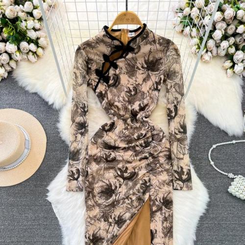Polyester Slim One-piece Dress side slit printed floral brown PC