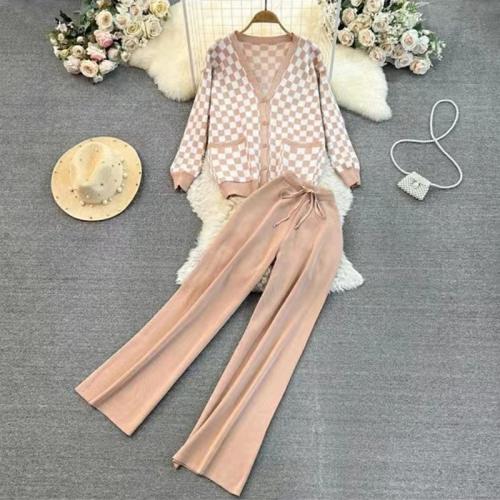 Acrylic Wide Leg Trousers & Soft Women Casual Set & two piece & thermal plaid Set