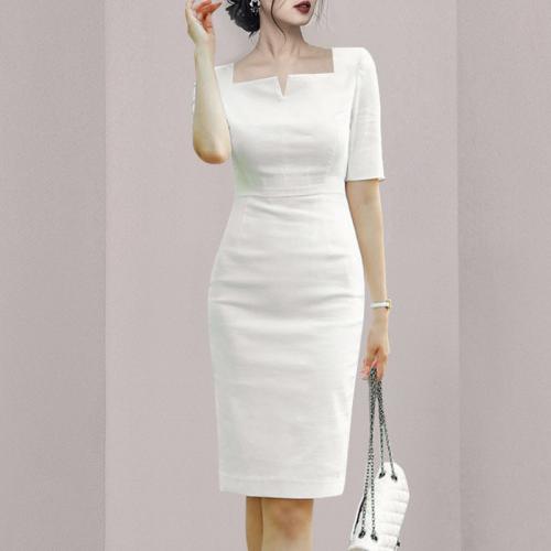 Polyester Waist-controlled Sexy Package Hip Dresses & breathable Polyester knitted Solid white PC