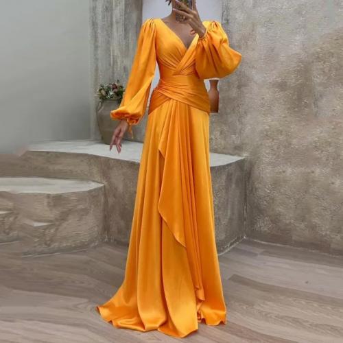Polyester Slim One-piece Dress deep V & breathable Solid yellow PC