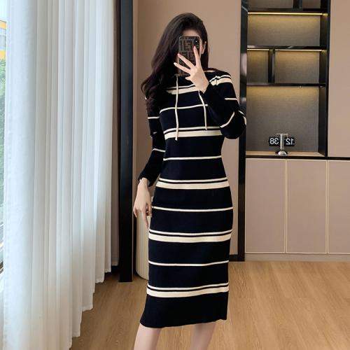 Polyester Slim Sweater Dress & breathable striped black PC