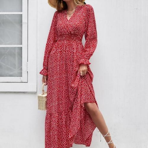 Polyester Waist-controlled One-piece Dress & breathable printed shivering red PC